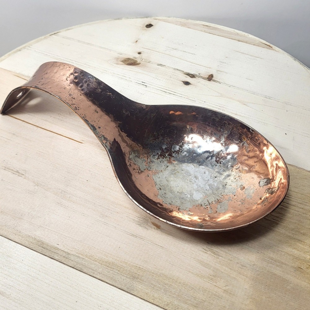 Vintage Hammered Copper Spoon Rest Handcrafted Rustic Kitchen Utensil Holder